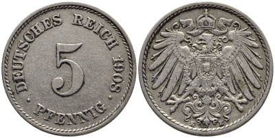 Германия 5 пфеннигов 1908 E KM 11, Jager 12, Weege 6 медно-никель 4547-465