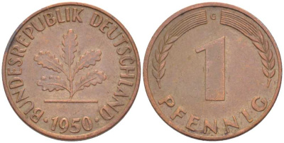 ФРГ 1 ПФЕННИГ 1950 G KM 105, J.380 сталь плакированная медью 66-566