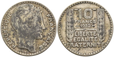 Франция 10 франков 1932 Пьер Тюрен KM 878, Le Franc 360.5 серебро 85-1145