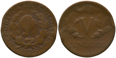 Колумбия 5 сентаво 1956 KM 206, Schon 27, Hernandez 381, Restrepo 370.18 медь 4576-1235