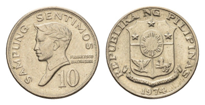 Филиппины 10 сентимо 1974 KM 198 медно-никель UNC 4640-423