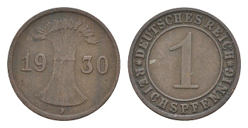 Германия 1 рейхспфенниг 1930 F KM 37, J. 313 бронза 4636-318
