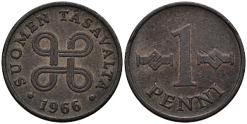 Финляндия 1 пенни 1966 KM 44 медь 4115-1268