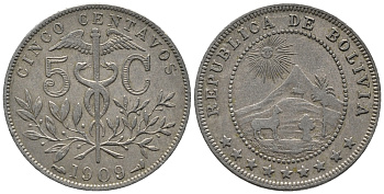БОЛИВИЯ 5 СЕНТАВО 1909 РЕСПУБЛИКА KM 173.3 медно-никель 34-644