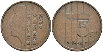 Нидерланды 5 центов 1984 Беатрикс (1980-2013) KM 202 бронза 4573-422