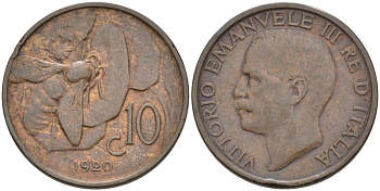 Италия 10 чентезимо 1920 R KM 60 бронза 51-2824