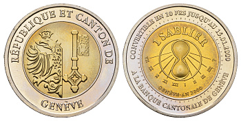 Швейцария, Женева 1 Sablier (песочные часы) 2000 монета могла быть обменена до 15.01.2000 года в Швейцарии на 10 франков. Выпщуена по случаю наступления нового тысячелетия KM 20 биметалл UNC 270-1513