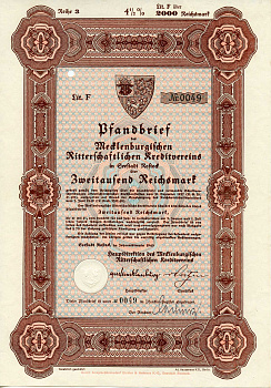 Германия 2000 рейхсмарок 1940 Мекленбургский рыцарский кредитный клуб, 4 1/2%, облигация   бумага   8803-47-1