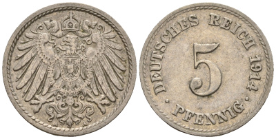 Германия 5 пфеннигов 1914 A, KM 11, J. 12 медно-никель 220-725