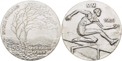 Финляндия 50 марок 1983 K-T, чемпионат мира по атлетике, бег с препятствиями KM 61 серебро UNC 1515-1225