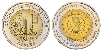 Швейцария, Женева 1 Sablier (песочные часы) 2000 монета могла быть обменена до 15.01.2000 года в Швейцарии на 10 франков. Выпщуена по случаю наступления нового тысячелетия KM 20 биметалл UNC 270-1513