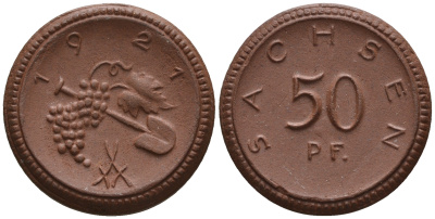 Саксония 50 пфеннигов 1921 виноград и лопата J. N 54 фарфор UNC 1094-8-63