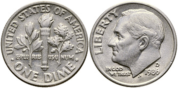 США 10 центов (дайм) 1986 D, Франклин Рузвельт KM 195а медь плакированная медно-никелем 46-2434