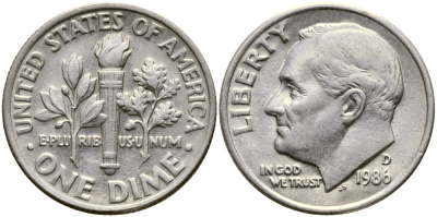 США 10 центов (дайм) 1986 D, Франклин Рузвельт KM 195а медь плакированная медно-никелем 46-2434