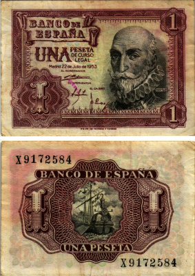 Испания 1 песета 1953 22 июля 1953, Мигель де Санта Круз Pick 144а бумага 3295-92-2-2