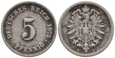 Германия 5 пфеннигов 1875 C, старогербовка KM 3, Jager 3, Weege 5 медно-никель 39-323