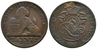 БЕЛЬГИЯ 2 САНТИМА 1863 BELGES KM 4.2 медь 4364-4431