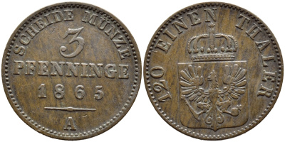 ПРУССИЯ 3 ПФЕННИГА 1865 А, ВИЛЬГЕЛЬМ I (1861-1888) KM 482 медь 84-447