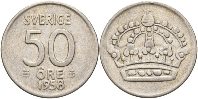 Швеция 50 эре 1958 TS, Густав VI Адольф (1950-1973) KM 825 серебро 4148-945