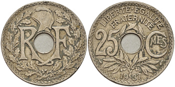 ФРАНЦИЯ 25 САНТИМОВ 1937 KM 867а медно-никель 24-334
