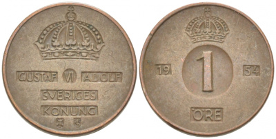 Швеция 1 эре 1954 TS Густав VI Адольф (1950-1973) КМ 820 бронза 3955-268