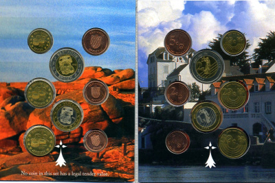 Франция, Бретань набор из 8 монет 2005 1 евроцент-2 евро, европробники, в оригинальном буклете UNC 00-00