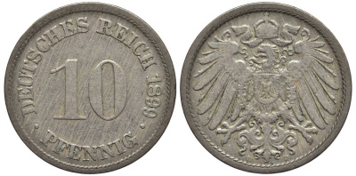 Германия 10 пфеннигов 1899 D KM 12, Jager 13, Weege 8 медно-никель 219-321