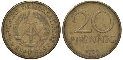 ГДР 20 пфеннигов 1969 А, первый год KM 11 латунь 62-1016