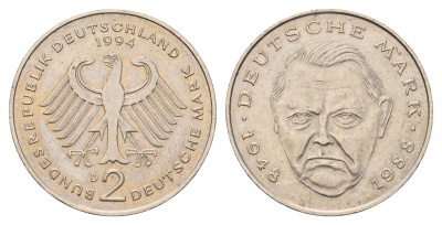 ФРГ 2 марки 1994 D, Людвиг Эрхард, 40 лет Федеративной Республике KM 170, J. 445 медно-никель плакированный никелем 183-217