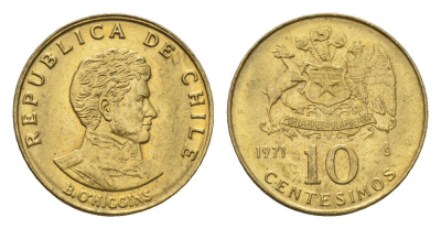 Чили 10 сентесимо 1971 KM 194 алюминиевая бронза aUNC 4643-933
