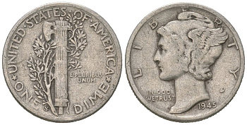 США 10 центов (дайм) 1945 S KM 140 серебро 3309-711