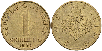 АВСТРИЯ 1 ШИЛЛИНГ 1991 КМ 2886 алюминиевая бронза 4573-313