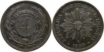 УРУГВАЙ 4 СЕНТЕСИМО 1869 Н, МОНДВОР БИРМИНГЕМ KM 13 бронза 4527-1111