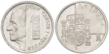 ИСПАНИЯ 1 ПЕСЕТА 1992 ХУАН КАРЛОС I (1975-) KM 832 алюминий 214-114
