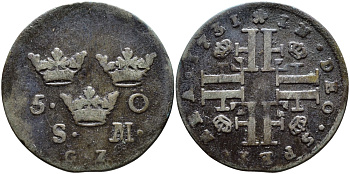 Швеция 5 эре 1731 SM, GZ, Фридрих I KM 401 серебро 00-00-00
