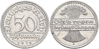 Германия 50 пфеннигов 1919 А KM 27, J.301, Weege 10 алюминий XF 4584-724