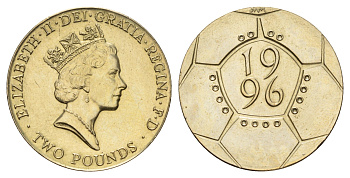 Великобритания 2 фунта 1996 Елизавета II (1952-2022), чемпионат Европы по футболу 1996 года KM 973, Spink 4317 (K7) никель латунь UNC 51-1341