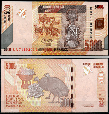 ДР Конго 5000 франков 2022 зебра, павлин Pick 102 d  бумага  UNC (пресс) 448-118-3