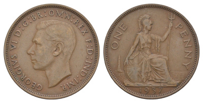 Великобритания 1 пенни 1937 Георг VI (1936-1952) KM 845, Spink 4114 бронза 4634-512