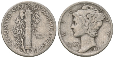 США 10 центов (дайм) 1945 S KM 140 серебро 3309-711