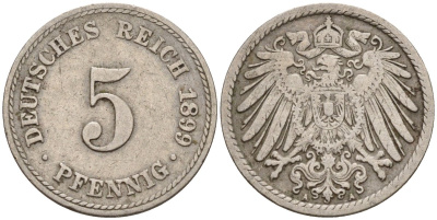 Германия 5 пфеннигов 1899 A KM 11, J. 12 медно-никель 4151-419
