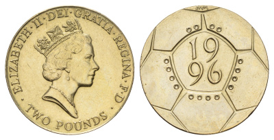 Великобритания 2 фунта 1996 Елизавета II (1952-2022), чемпионат Европы по футболу 1996 года KM 973, Spink 4317 (K7) никель латунь UNC 51-1341