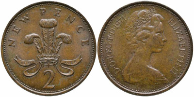 Великобритания 2 пенса 1971 Елизавета II (1952-2022) KM 916, Spink 4235 (C1) бронза 113-116