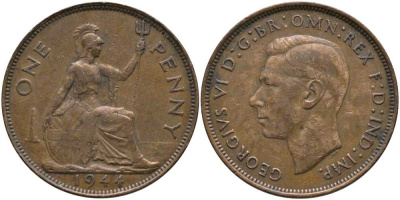 Великобритания 1 пенни 1944 Георг VI (1936-1952) КМ 845, Spink 4114 бронза 115-416