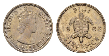 Фиджи 6 пенсов 1962 Елизавета II (1952-2022) KM 19 медно-никель aUNC 4687-1131