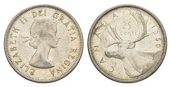 Канада 25 центов 1960 Елизавета II (1952-2022), олень KM 52 серебро 73-1655