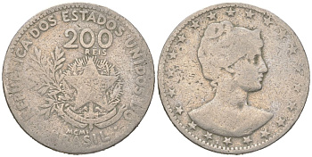 Бразилия 200 реалов 1901 MCMI, голова свободы вправо KM 504 медно-никель 4612-143