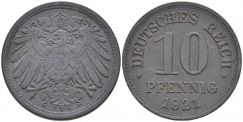 ГЕРМАНИЯ 10 ПФЕННИГОВ 1921 KM 26, J. 299 цинк 77-947