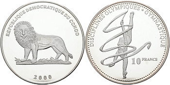 Конго 10 франков 2000 олимпийские дисциплины, гимнастика KM 53 серебро PROOF 04-319-22
