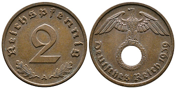 Германия 2 рейхспфеннига 1939 A KM 90, J. 362 бронза 220-566